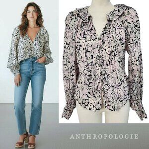 Anthropologie Button Front Peasant Blouse Floral Puff Sleeve V-Neck Size XS